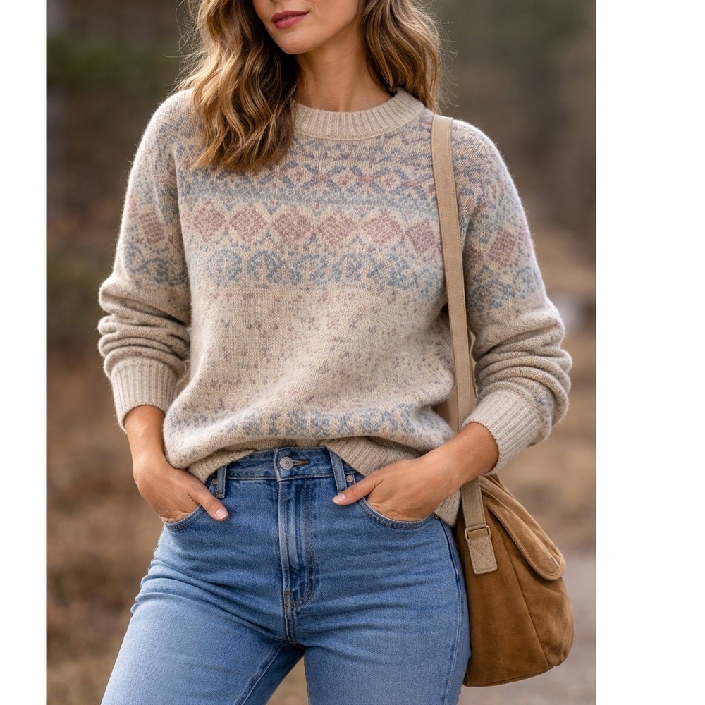 Vintage Eddie Bauer Wool Fair Isle Knit Sweater 1990s Granola Heritage Medium